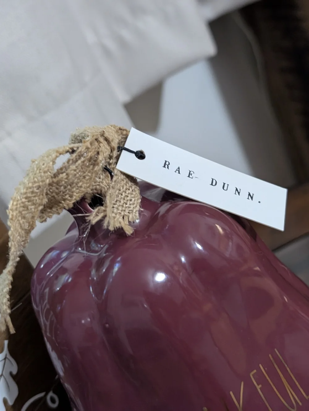 Rae Dunn Plum Ceramic Pumpkin with Burlap Accent